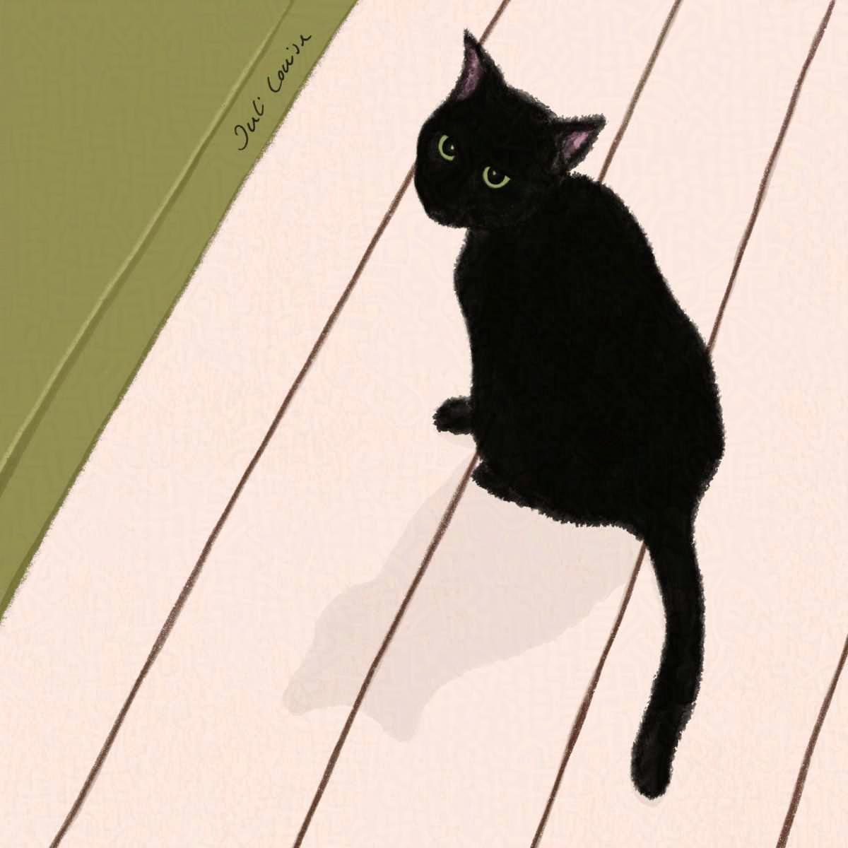Digitale Illustration: Zeichnung einer schwarzen Katze vor einer grünen Wand. Die Katze sitzt auf dem Boden und blickt die betrachtende Person über ihre Schulter an.