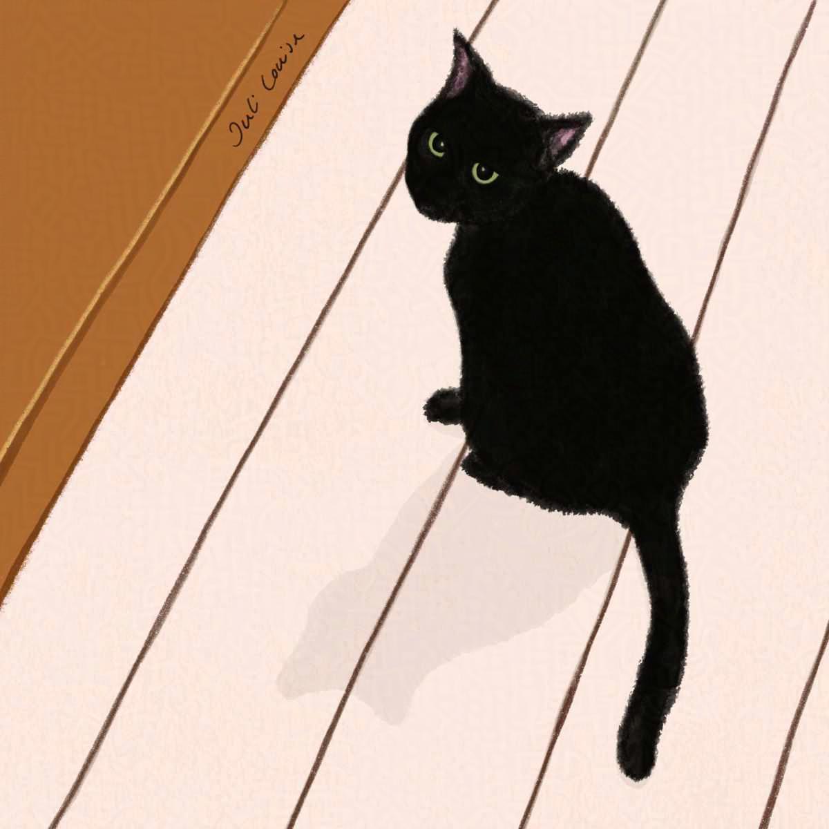 Digitale Illustration: Zeichnung einer schwarzen Katze vor einer ockerfarbenen Wand. Die Katze sitzt auf dem Boden und blickt die betrachtende Person über ihre Schulter an.