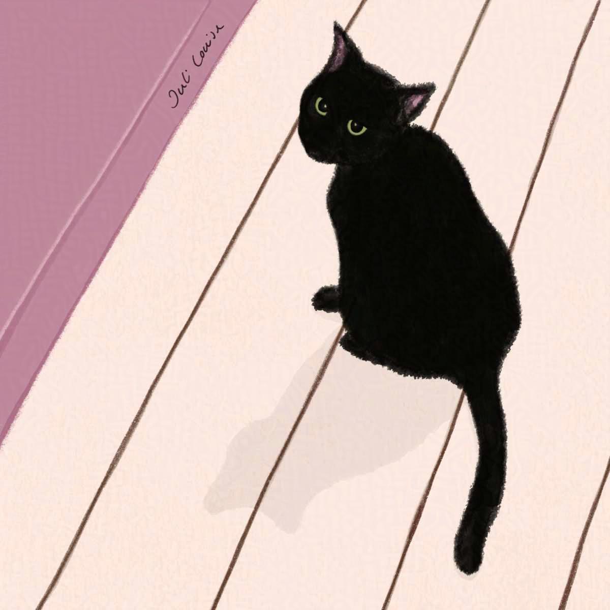 Digitale Illustration: Zeichnung einer schwarzen Katze vor einer rosa Wand. Die Katze sitzt auf dem Boden und blickt die betrachtende Person über ihre Schulter an.