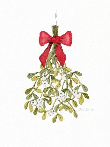 Zeichnung eines weihnachtlichen Mistelzweigs mit roter Schleife in Aquarellfarben und Tusche.
