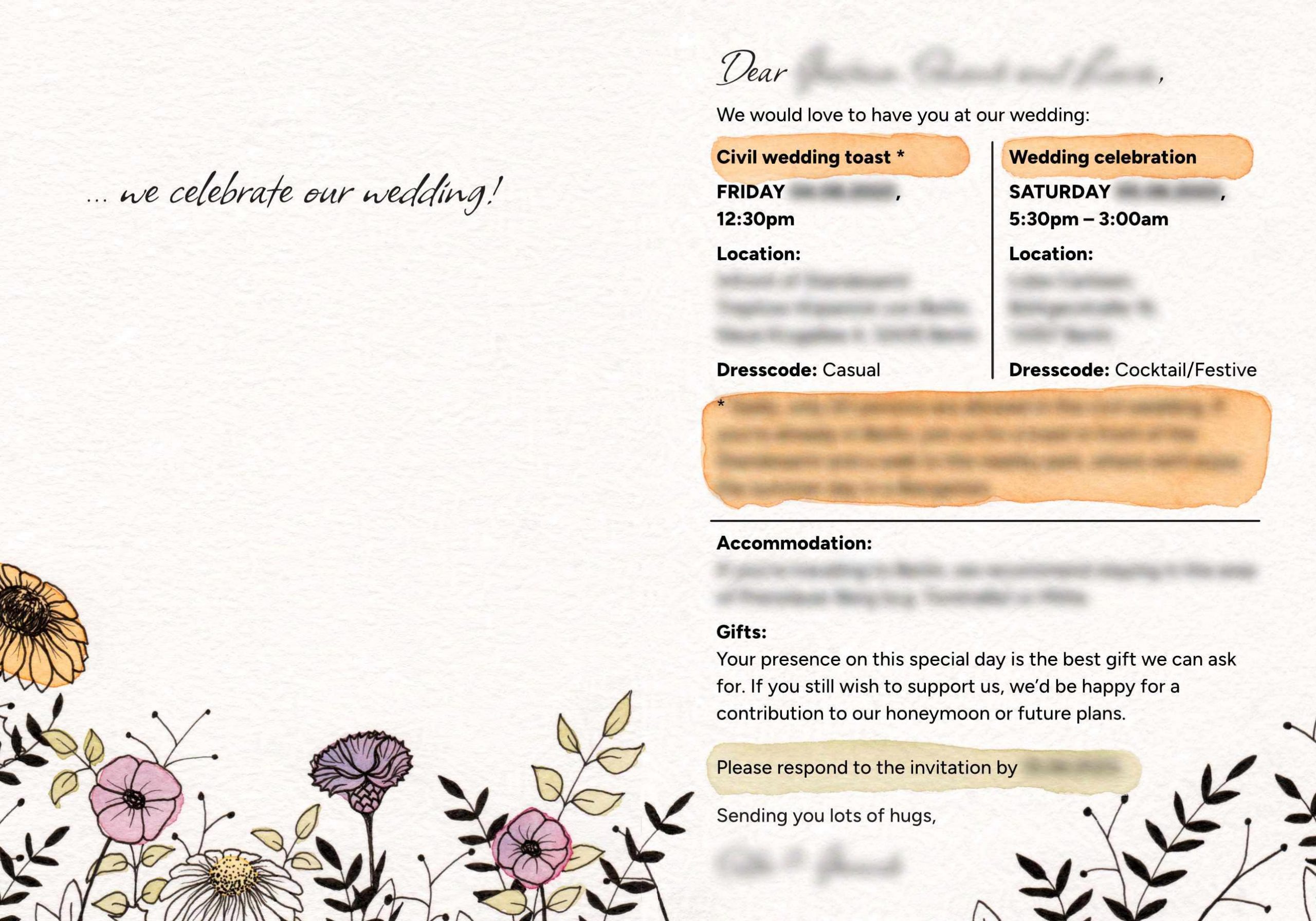 Abgebildet sind die beiden Innenseite einer Hochzeitseinladung als Klappkarte. Die Karte ist von Hand mit Aquarellfarben und Tusche illustriert. Am unteren Rand ranken Wildblumen und Gräser entlang. Die linke Innenseite ist mit "... we celebrate our wedding!" beschriftet, auf der rechten Innenseite steht der Einladungstext.