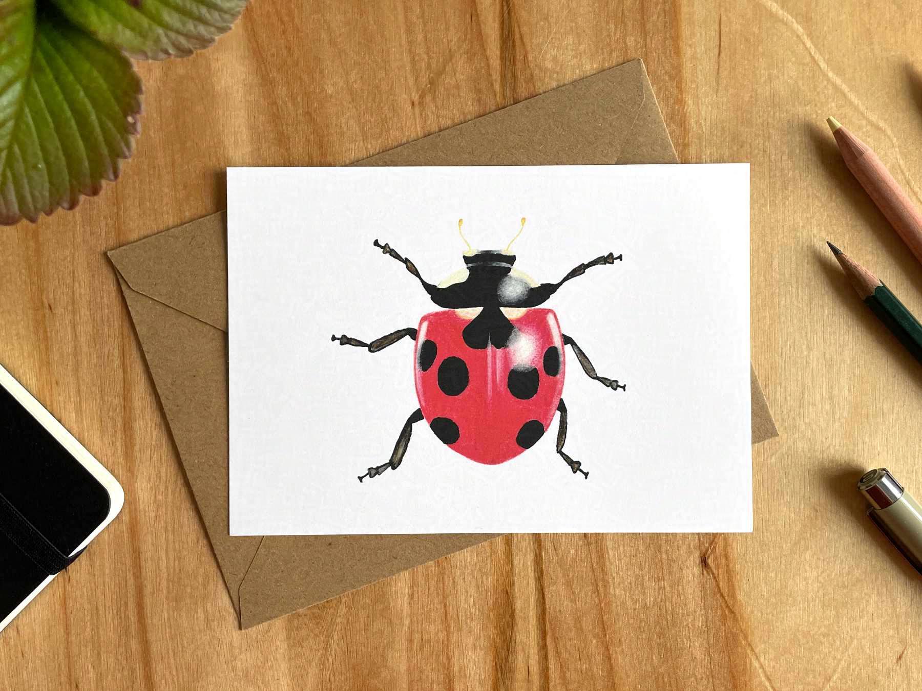 Eine Postkarte liegt mit einem braunen Umschlag auf einem Holztisch. Auf die Postkarte ist eine Zeichnung gedruckt, die einen mit Buntstiften und Tusche gezeichneten Marienkäfer zeigt.