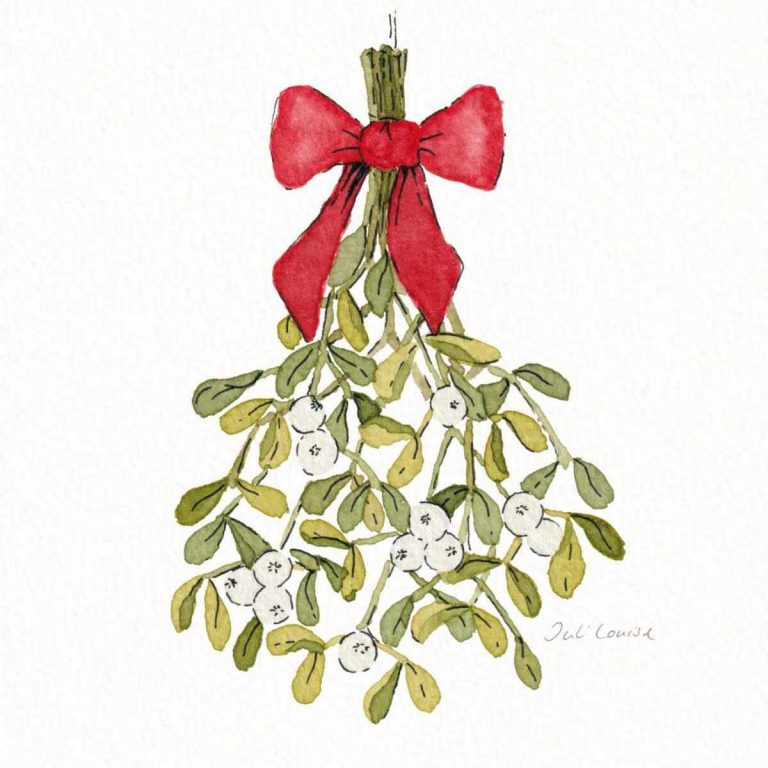 Zeichnung eines weihnachtlichen Mistelzweigs mit roter Schleife in Aquarellfarben und Tusche.