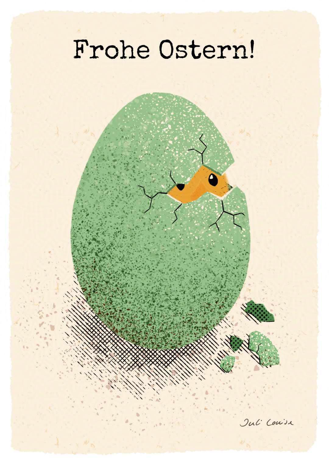 Digitale Illustration von einem kleinen, gelben Osterküken, das in einem grünen Ei sitzt und durch einen kleinen Riss in der Schale nach draußen guckt. Über dem Küken steht "Frohe Ostern!".
