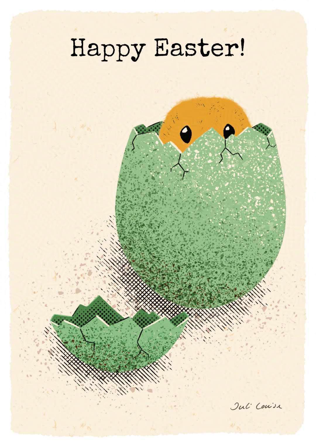 Digitale Illustration von einem kleinen, gelben Osterküken, das in seiner Eierschale sitzt. Der obere Teil der Schale liegt neben dem Küken auf dem Boden. Über dem Küken ist "Happy Easter!" gedruckt.