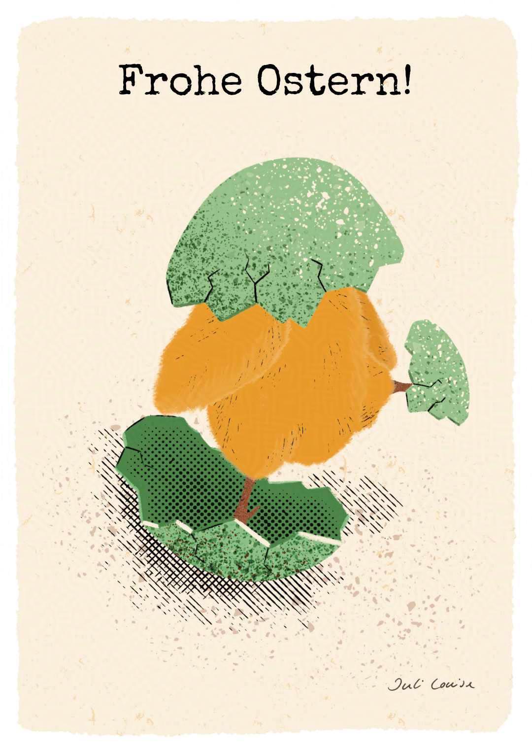 Digitale Illustration von einem kleinen, gelben Osterküken, das aus seinem Ei geschlüpft ist. Es steht mit einem Fuß noch auf einem Teil der Schale, während ein anderer Teil der Eierschale noch auf seinem Kopf steckt, sodass es nicht richtig sehen kann, wohin es läuft. Über dem Küken ist "Happy Easter!" gedruckt.