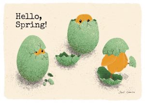 Digitale Illustration von drei kleinen, gelben Osterküken, die gerade aus ihren grünen Eierschalen schlüpfen. Ein Küken befindet sich noch ganz im Ei und guckt durch einen Riss in der Schale nach draußen, ein anderes Küken sitzt auch im Ei, hat aber einen Teil der Schale abgeworfen, und das dritte Küken steht nur noch mit einem Fuß in einem Teil der Schale, hat aber auch noch ein Stück Eierschale auf dem Kopf. Über den Küken ist "Hello, Spring!" gedruckt.