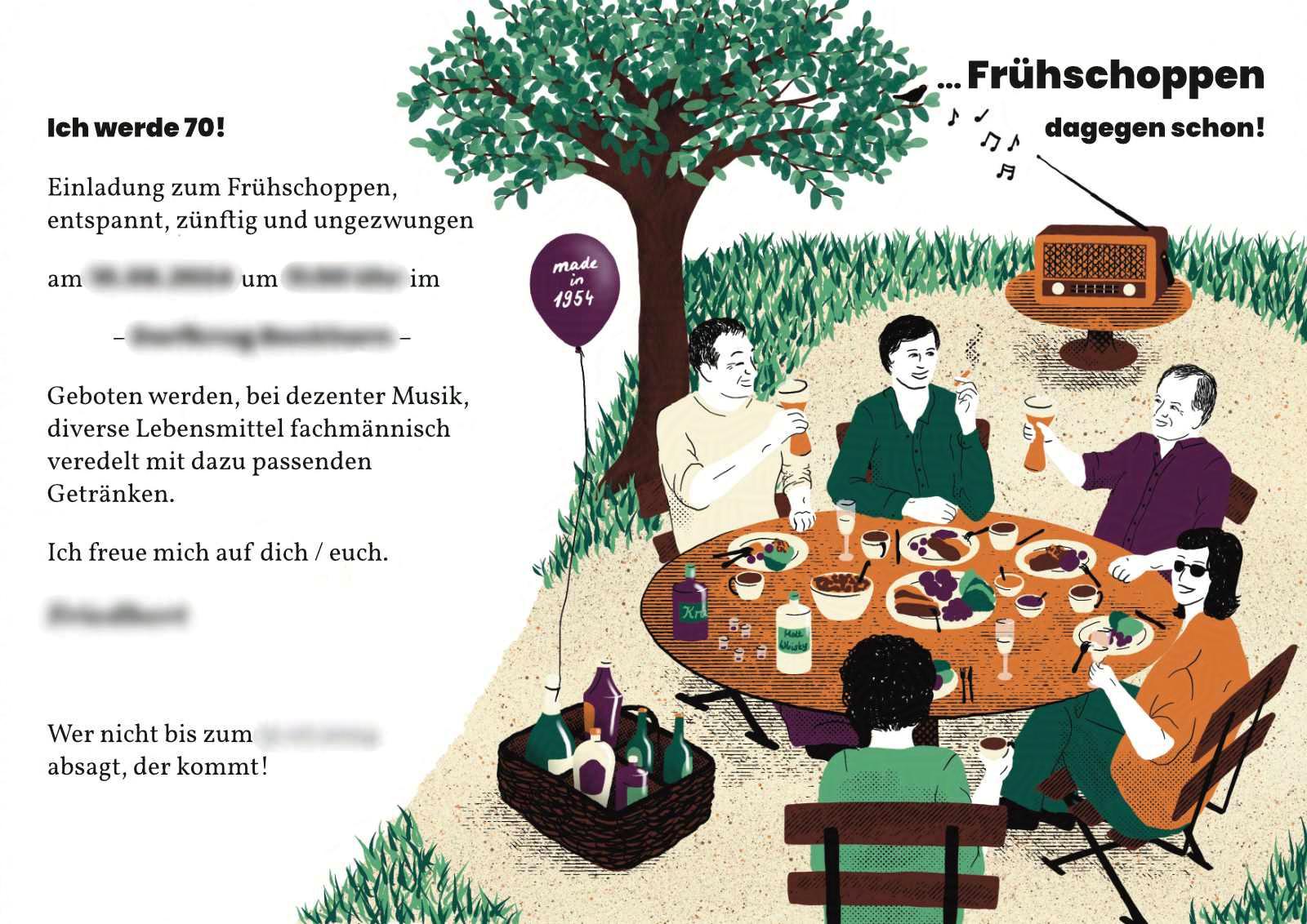Die Innenseiten einer faltbaren, illustrierten Einladungskarte zum 70. Geburtstag zeigen neben dem Einladungstext eine Gruppe Menschen, die gemütlich draußen an einem Tisch sitzen und gemeinsam essen. Im Hintergrund steht ein Baum und ein Kofferradio spielt Musik.