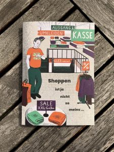 Eine illustrierte, gefaltete Geburtstagseinladung liegt auf einem Tisch. Die Karte zeigt einen Mann in einem Kaufhaus, der unzufriedend wartend auf seine Armbanduhr schaut.