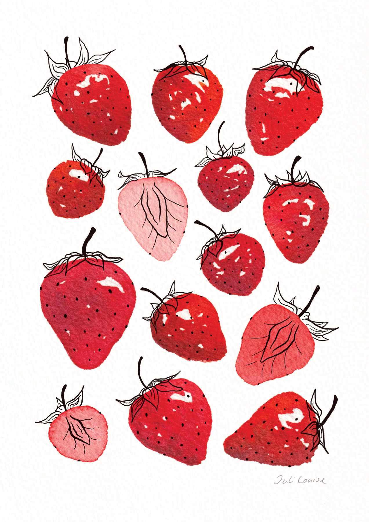 Erdbeeren in verschiedenen Größen und Rottönen sind aus verschiedenen Perspektiven mit Aquarellfarben gemalt.